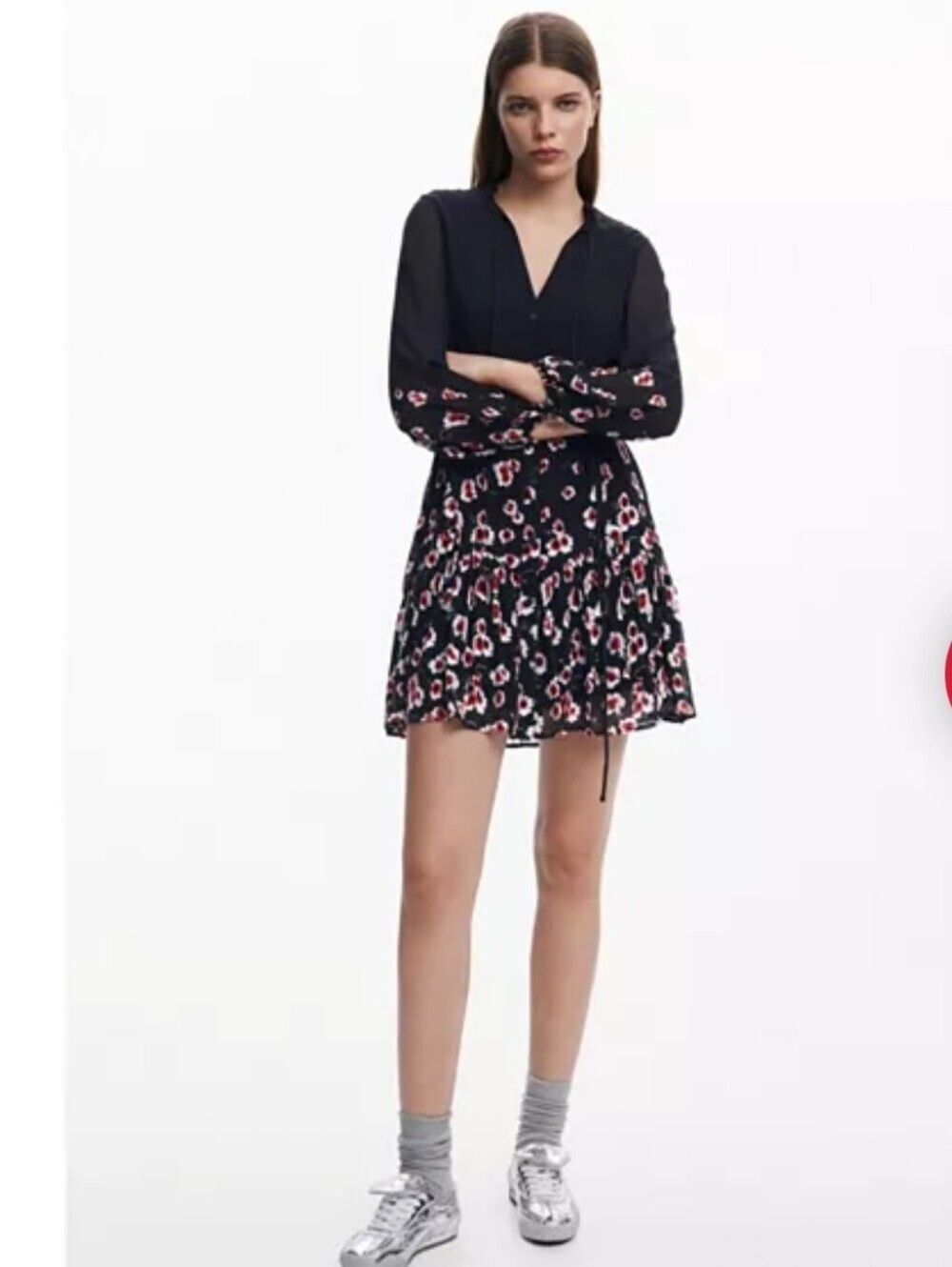DESIGUAL FLORAL LONG SLEEVES MINI DRESS FULL LONED HIGH NECK W TIE STRAP